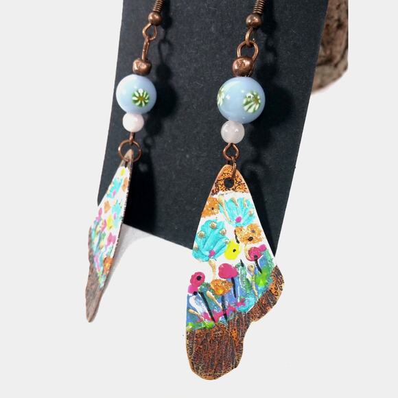 Butterfly Wing Earrings Artisan Made Copper Hand Painted Floral Art Colorful NEW - Picture 7 of 10